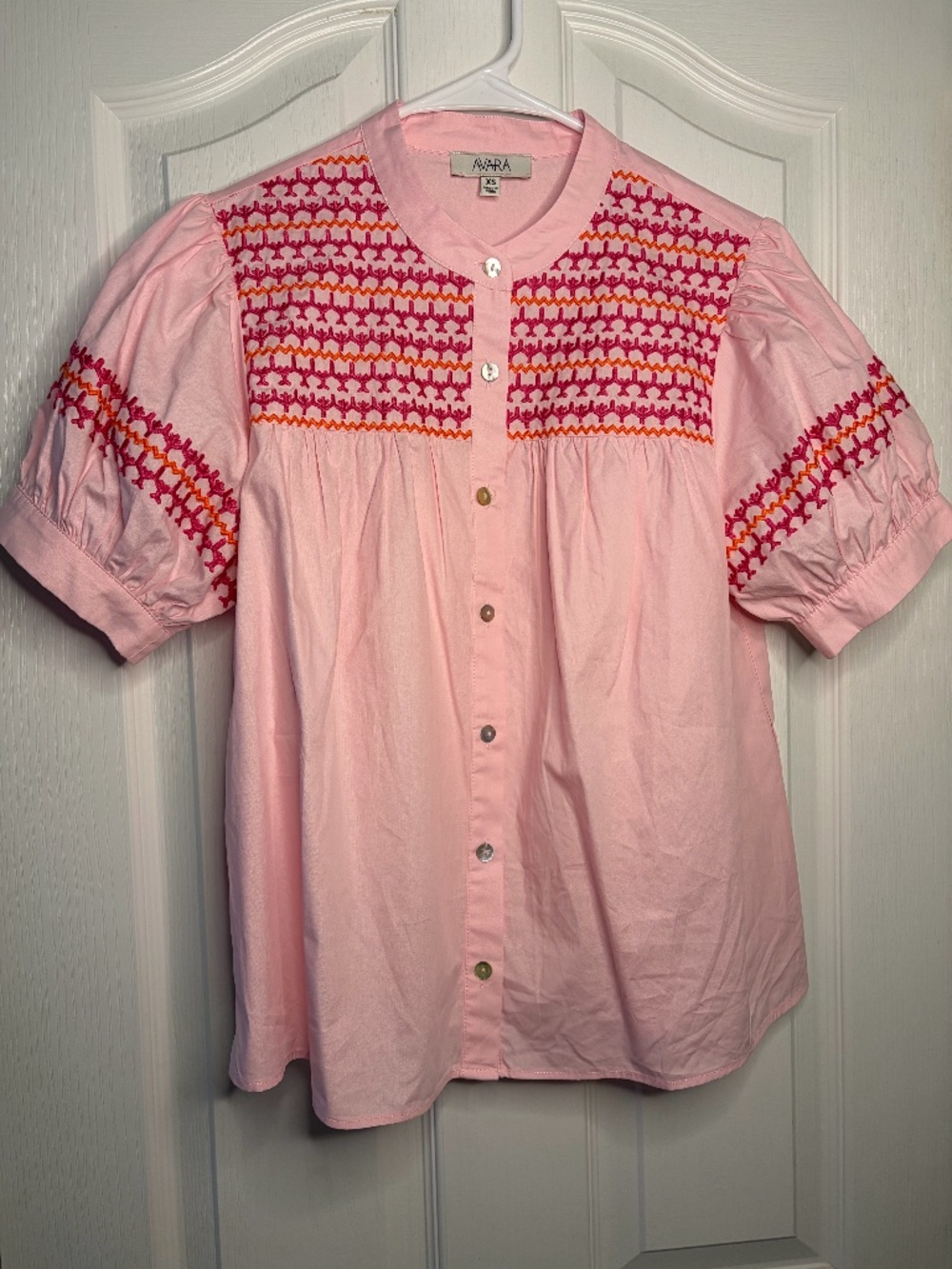 Women's Avara Trudy Pink Blouse - Pink/Orange Striped Trim Size XS 100% Cotton